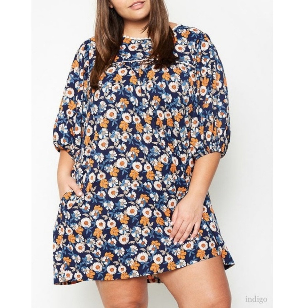 Plus Floral Print 3/4 Sleeve Tunic Dress